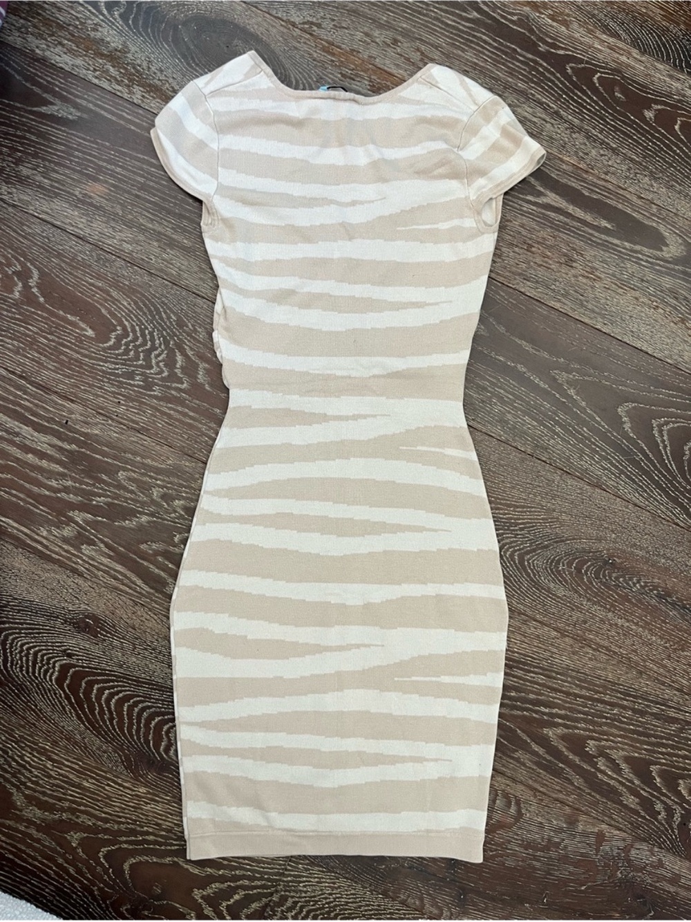 Vintage Marciano Beige and White Striped V‑Neck Knit Pencil Dress - Picture 3 of 3